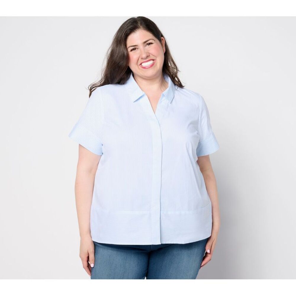 Gloria Vanderbilt Women's Top Sz M Denim & Co. Poplin Yarn Dye Short Blue